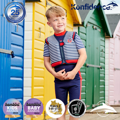 Konfidence Original Swim Jacket v21 with Removable Support Strap in Hamptons Navy Stripe