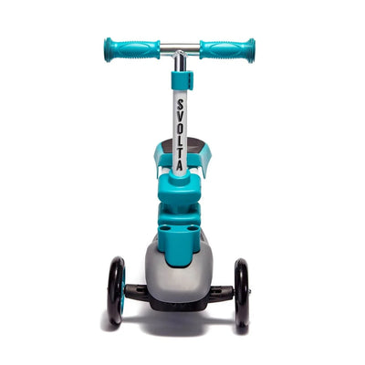 Children's scooter with turquoise handlebars and seat on a white background