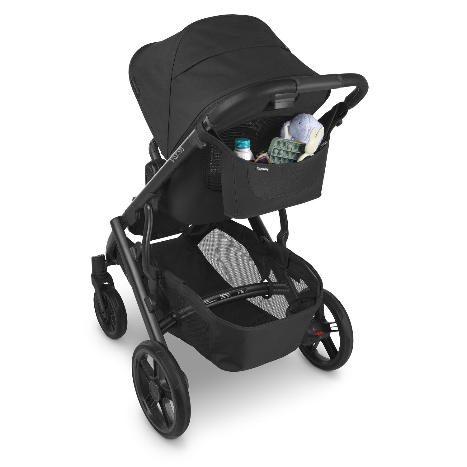 Black stroller with a basket on a white background and UPPAbaby Carry-All Parent Organizer