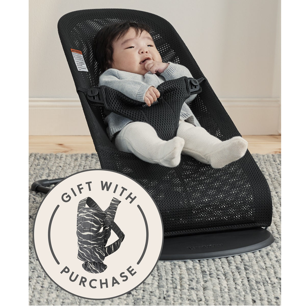 BABYBJÖRN Bouncer Bliss Mesh in Black + Baby Carrier Mini in Anthracite/Landscape