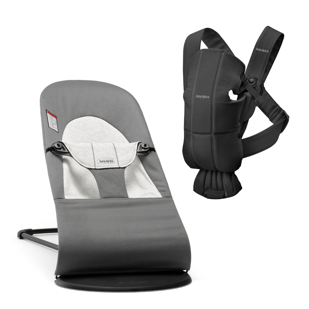BABYBJÖRN Bouncer Balance Soft Woven/Jersey in Dark Gray/Gray + Baby Carrier Mini in Woven/Black