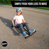 Child using an EzyRoller on a road with text 'Simply push your legs to move'.