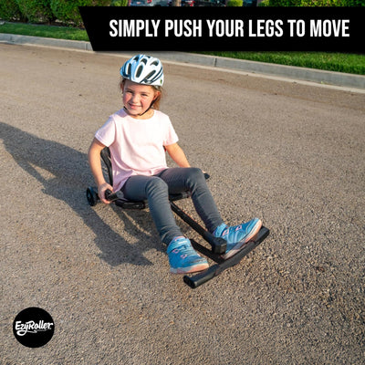 Child using an EzyRoller on a road with text 'Simply push your legs to move'.