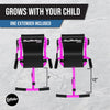Two EzyRoller chairs with pink frames and black seats on a gray background, showing height difference with text 'Grows with your child'.