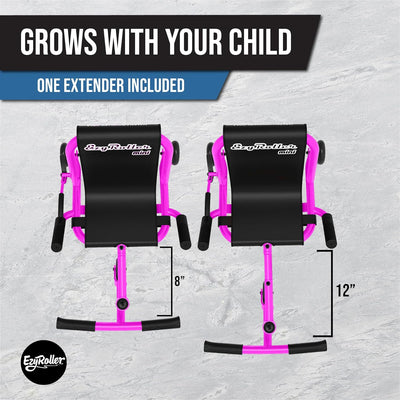 Two EzyRoller chairs with pink frames and black seats on a gray background, showing height difference with text 'Grows with your child'.