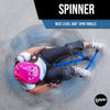 Person using a spinner with a helmet, performing a 360-degree spin on a concrete surface. EzyRoller logo visible.