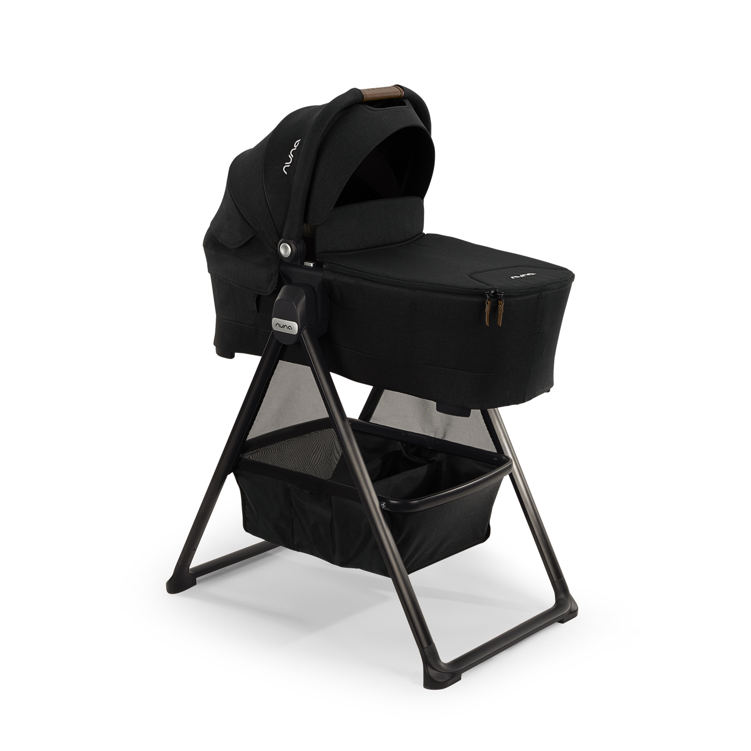 Nuna SWIV™ and TRIV™ Series Bassinet + Stand in Caviar and Cognac