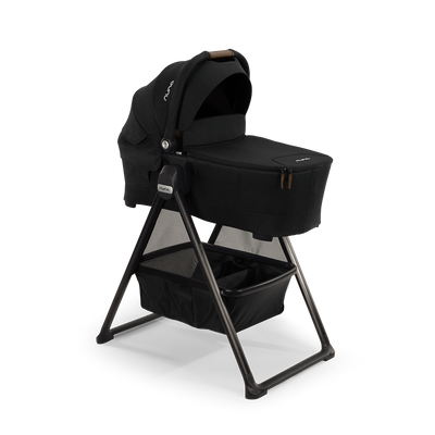 Nuna SWIV™ and TRIV™ Series Bassinet + Stand in Caviar and Cognac