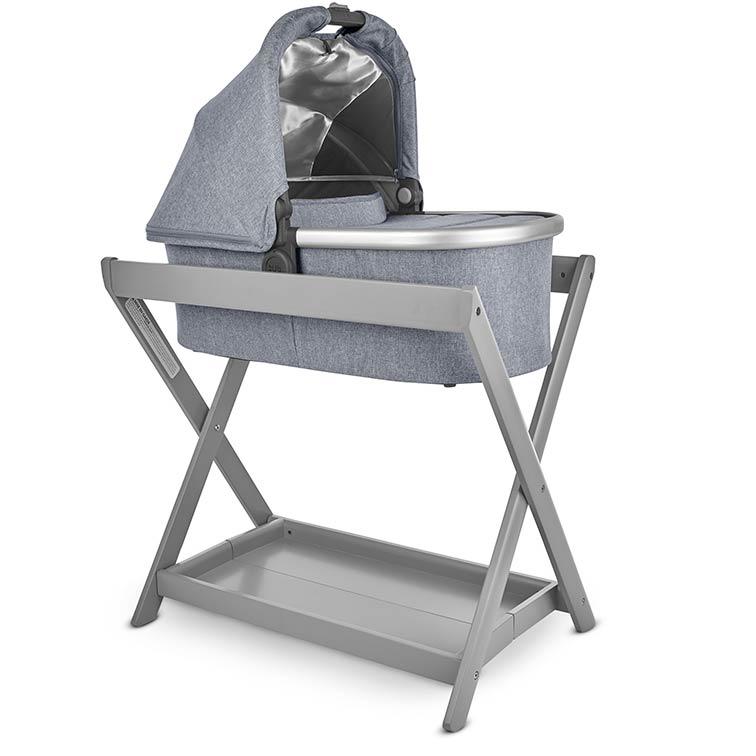 UPPAbaby Bassinet V2 in Gregory on the Bassinet Stand in Grey