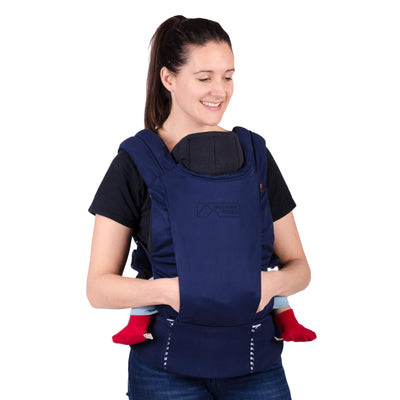 Mom wearing Mountain Buggy Juno Baby Carrier in Nautical