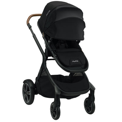 Nuna DEMI™ Grow Stroller + Adapters + Rain Cover + Magnetic Buckle in Caviar with canopy extended
