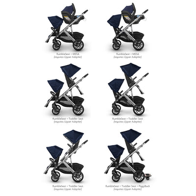 UPPAbaby VISTA 2018 RumbleSeat shown in multiple stroller configurations